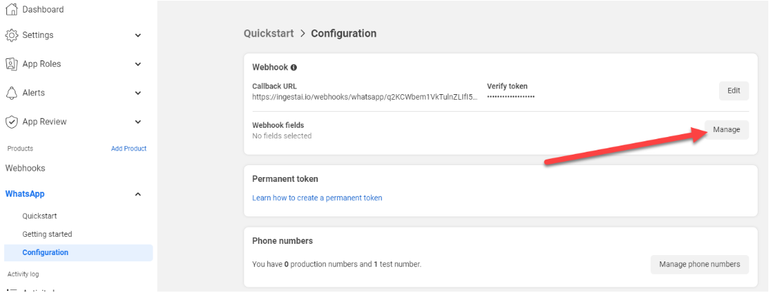 Click on &quot;Manage&quot; under Webhook fields